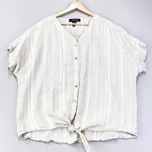 Ellen‎ Tracy Blouse Womens 1X 100% Linen Beige Cream Striped Button Front Tie